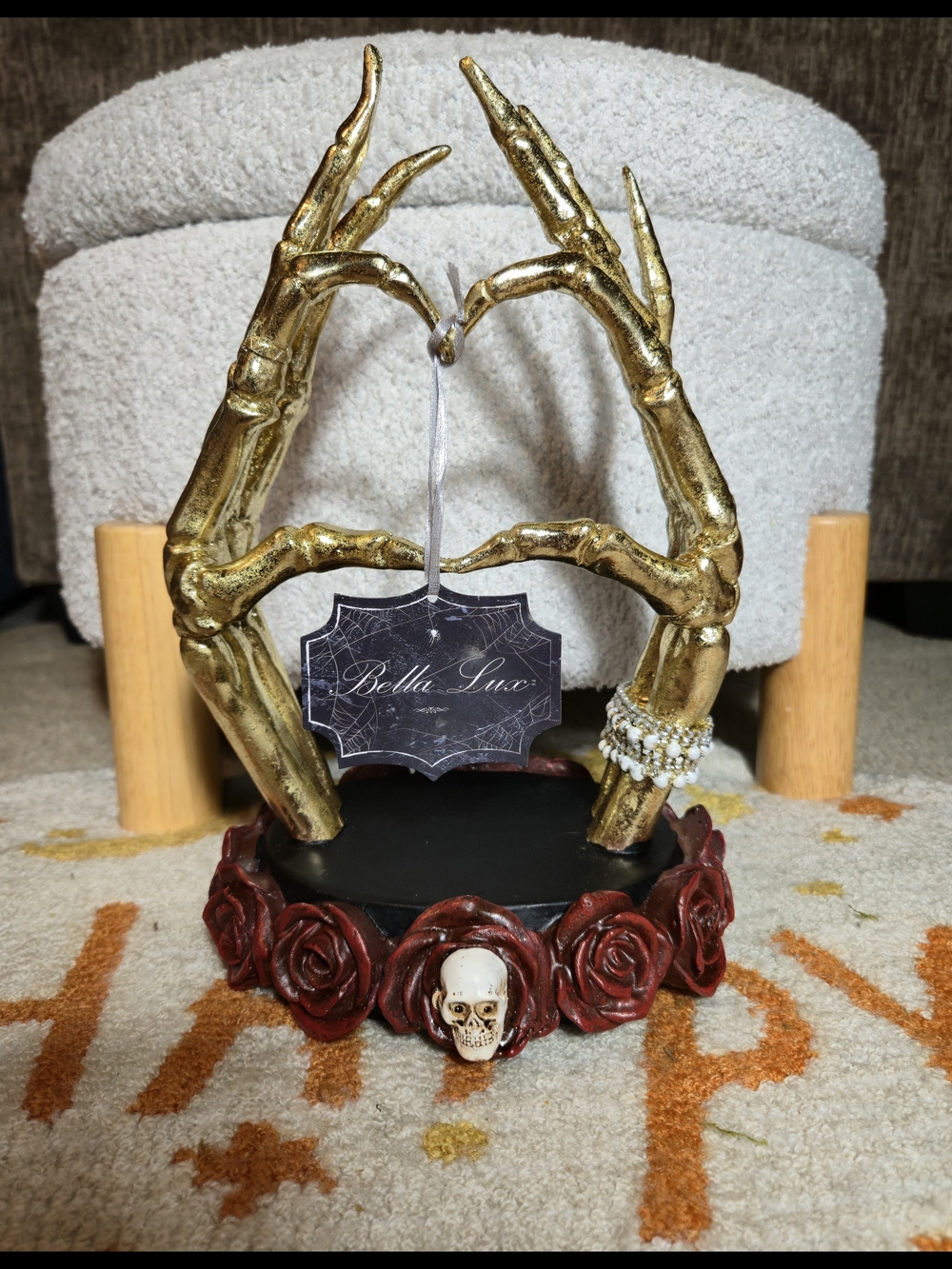 Gold Skeleton Heart Hands Sculpture Halloween Rose Base Gothic Decor NWT